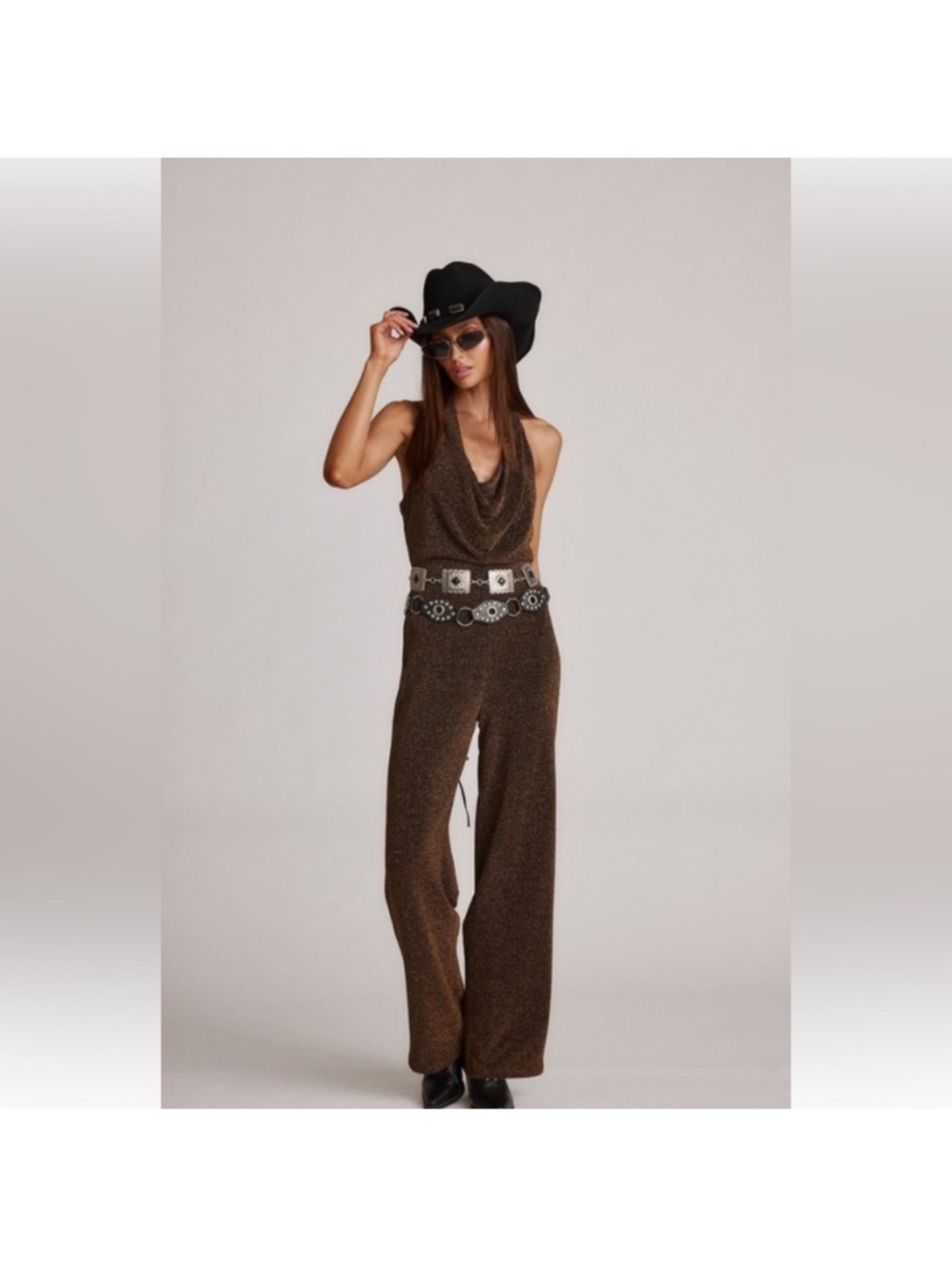 12th Tribe Brown Cowl-Neck Wide-Leg Jumpsuit
